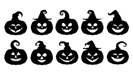 Set of black pumpkins in hats silhouette on tranparent background