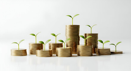 Growing plants sprouting from stacks of coins symbolizing sustainable growth and financial investment in environmental conservation and future resources
