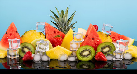 Colorful Arrangement of Fresh Fruits with Ice Cubes on Black Reflective Surface Against a Bright Blue Background