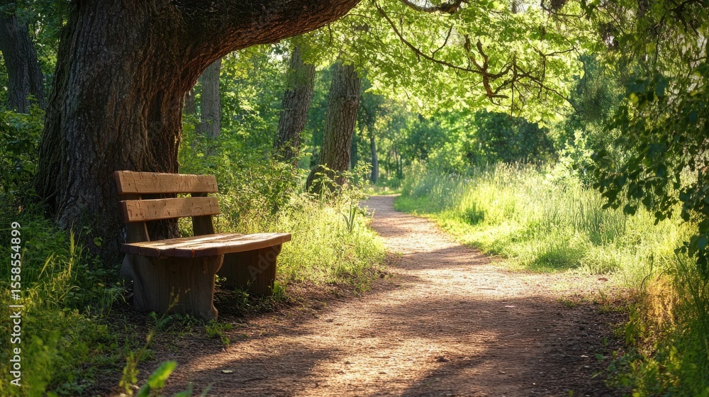 Poster serene forest bench under trees in peaceful nature setting