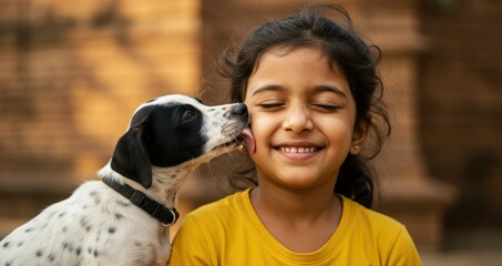 Friendship of indian girl and dog. Spotted puppy licks smiling child's face outdoors. Joyful childhood, happy emotions, love for animals, authentic candid portrait