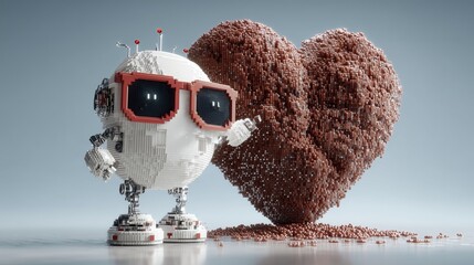 Cyborg in pixelated glasses under a colossal Valentine chocolate shadow on a digital white canvas, sweet tech fusion