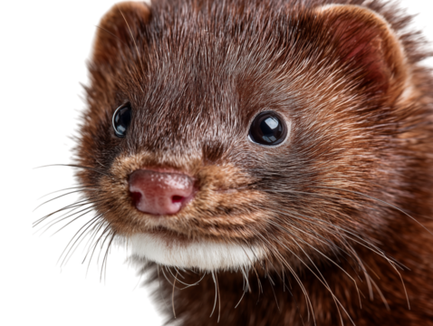 A close-up view of a mink, its expressive eyes and rich brown fur radiating warmth and curiosity