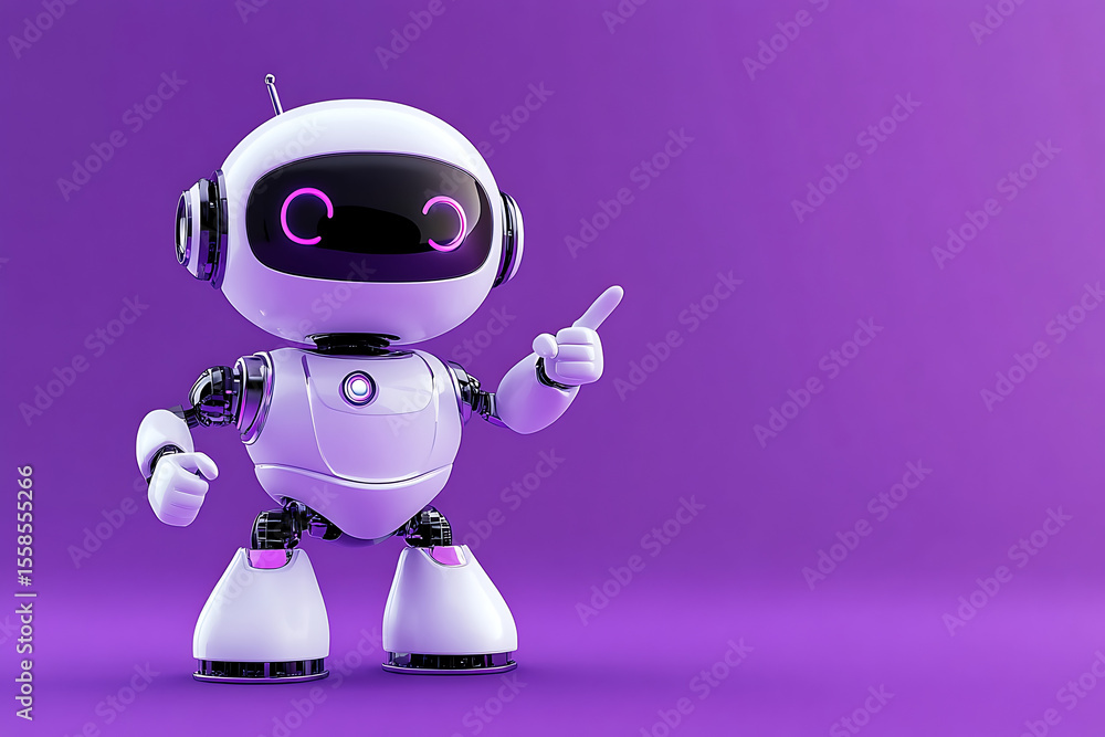 Aufkleber friendly robot character with a playful gesture against a vibrant purple background