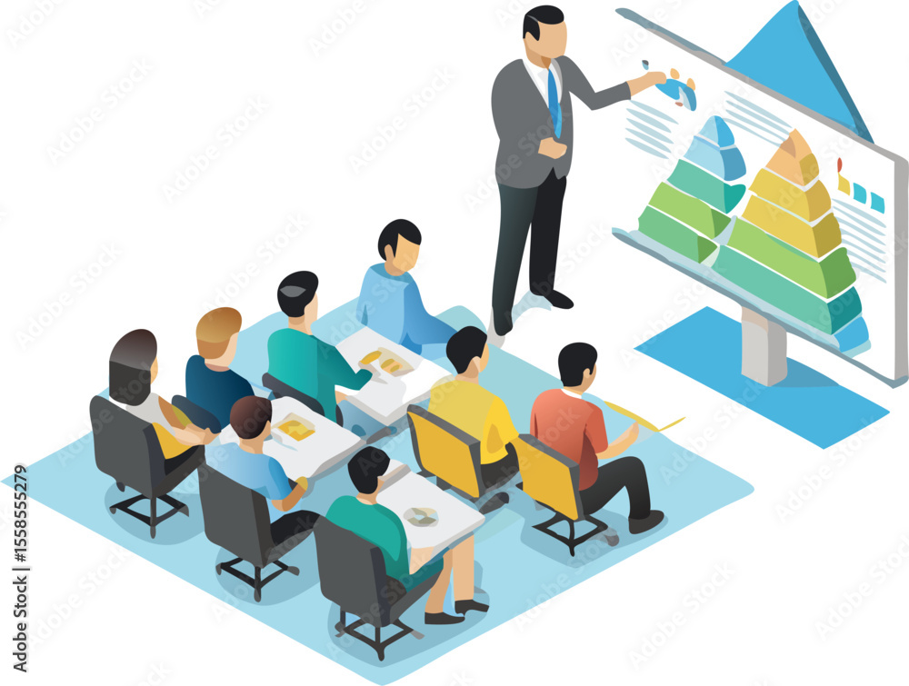 Aufkleber a presentation with a lecturer explaining a pyramid chart to an audience in a classroom setting show
