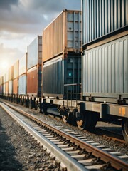 Cargo train with containers on flat track