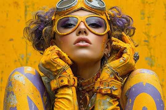 futuristic yellow fashion model, cyber inspired high style portrait, avantgarde beauty in bold yellow