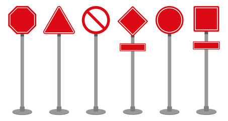 Collection of traffic signs on poles including stop, no entry, warning, parking and caution shapes. Vector icon set for road, transport, and regulation themes.