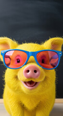 National Yellow Pig Day July 17. Geeky nerdy smiling piglet mascot in fancy sunglasses, blank black chalkboard, math class humor, back to school, quirky fun celebration mathematics. Banner, copy space
