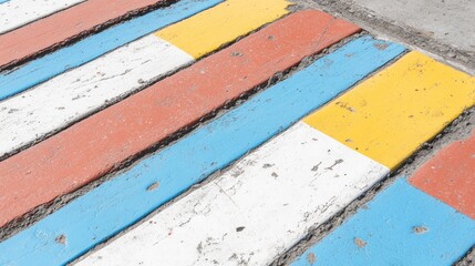 Vibrant Diagonal Stripes: Weathered Painted Pavement Detail