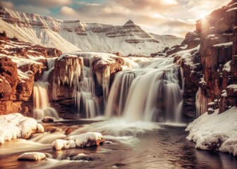 Glacial waterfall cascade with snow-capped peaks in a serene winter landscape