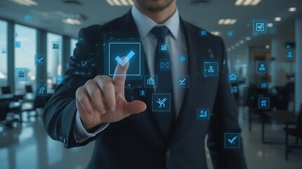 A businessman interacting with digital icons in an office environment with a modern interface