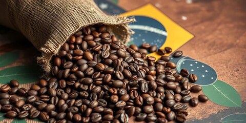 Roasted coffee beans spill from burlap sack onto Brasil-printed background,  jute sack,  coffee