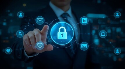 Businessman touching a digital padlock surrounded by security icons in a futuristic interface