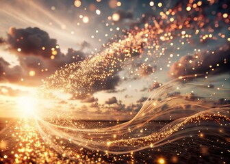 Glittering particles swirl in a mesmerizing dance across the sky at sunset