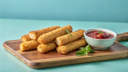 Crispy Mozzarella Sticks on Wooden Board with Marinara Sauce
