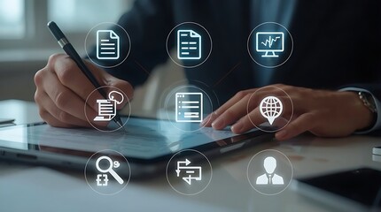 Man signing document on tablet with digital icons overlayed representing data and business processes
