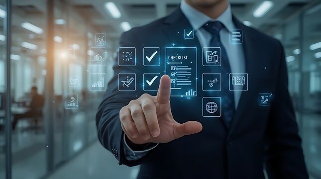 A businessman in a suit interacting with a digital checklist and various business related icons around it