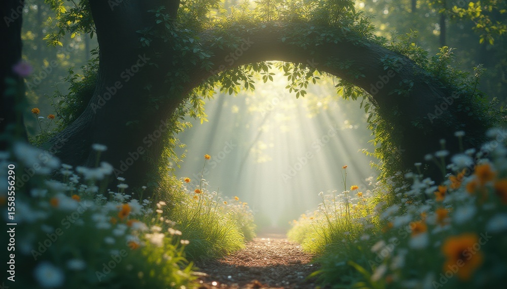 Poster enchanting tree archway with flowers along forest path