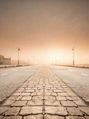 Abandoned street with worn stone pavement on a dark city road at twilight