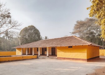 Traditional Indian rural house with thatched roof and courtyard surrounded by greenery and trees