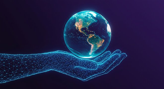 Glowing planet earth held by digital wireframe hand globe