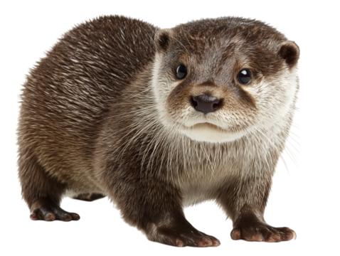 A curious and charming river otter stands, capturing attention with its expressive eyes and sleek fur.