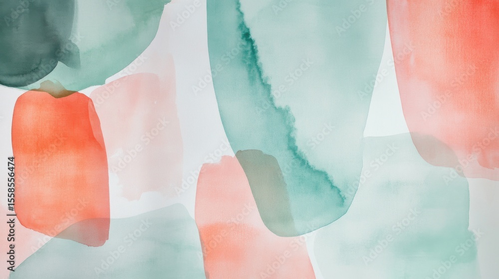 Poster abstract painting with overlapping shapes in coral and teal