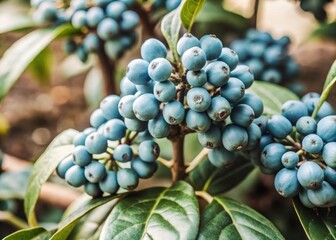 Vibrant blue and green berries growing on a thick green stem in a dense foliage setting
