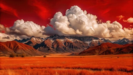Dramatic clouds engulf majestic mountains in a serene valley
