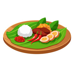 Nasi Lemak or Uduk Indonesian Traditional Dish Vector Art - Rice, Egg, Chili, Sambal