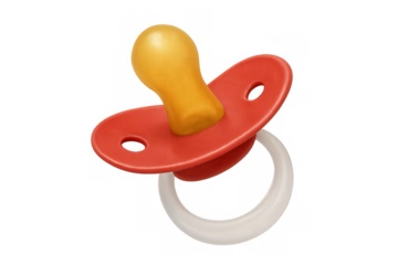 3d rendered pacifier in bright red and yellow, floating against transparent backdrop, signaling infant care and nursery design elements
