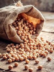 Dried Chickpeas Spilling from Burlap Sack on White Background