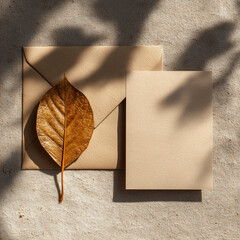 Kraft envelope with blank card and dried leaf in sunlight showing natural stationery minimal design and warm paper texture aesthetic