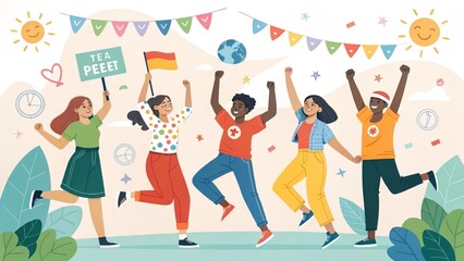 Happy Diverse Youth Celebrating International Youth Day with Colorful Energy and Unity