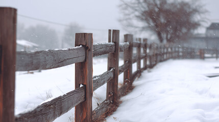 Wooden planks fence in snowy winter landscape with white snow covering rural field nature background and cold outdoor environment