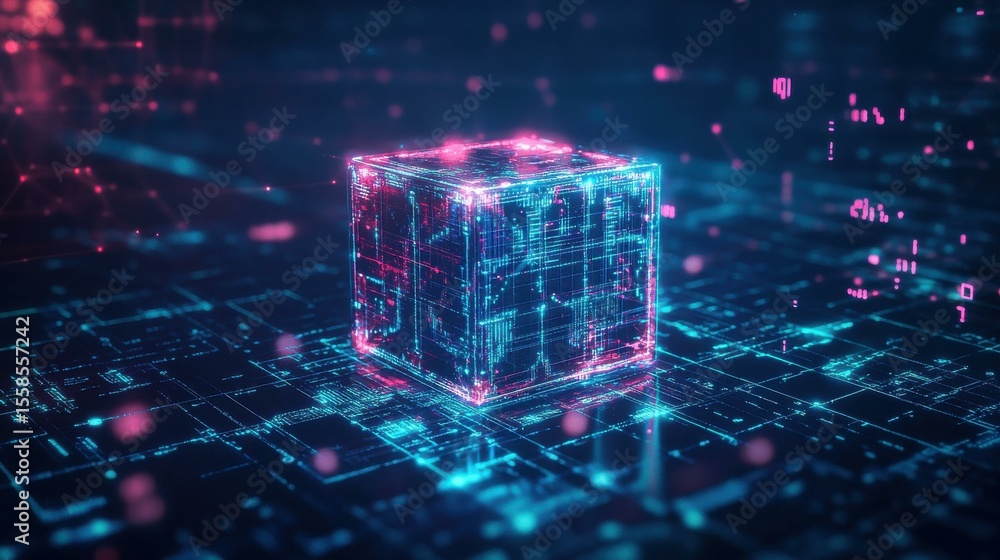 Poster glowing cube with pink and blue circuitry in digital environment