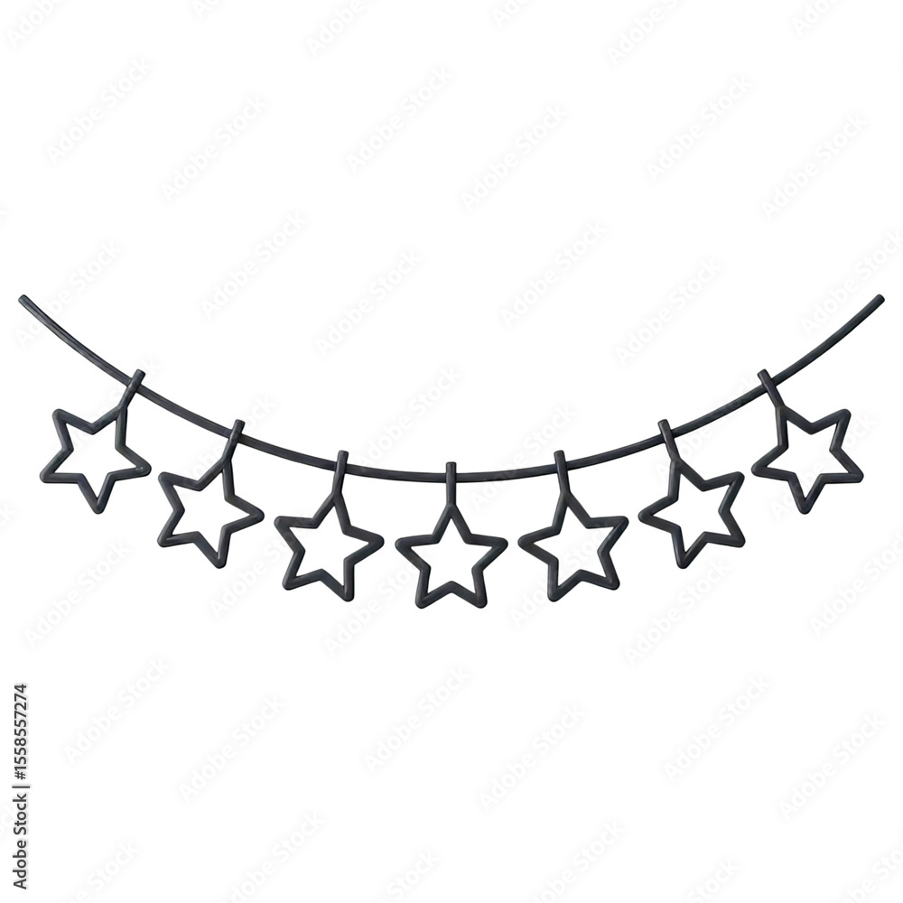 Poster a string of dark grey outline stars hanging on a wire isolated on transparent background