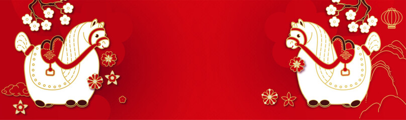 Happy 2026 Chinese New Year, Year of the Horse! Lunar calendar holiday paper cut design with cute horse, flowers and clouds. Chinese text means 