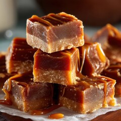 Delicious Caramel Confection Stacked on a Plate, Showcasing Smooth Texture and Tempting Drizzle Under Soft Light, Perfect for Sweet Treat Photography