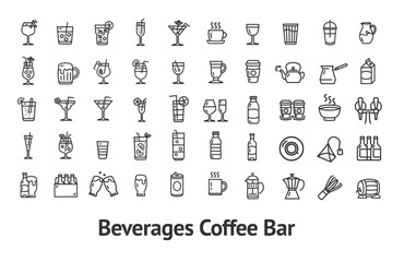 Beverage Coffee Bar Sign Black Thin Line Icon Set Include of Wine, Milk and Tea. Vector illustration of Icons