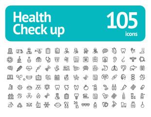 Health Check Up Sign Black Thin Line Icon Set Include of Hospital Building, Thermometer and Ampoule. Vector illustration of Icons