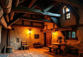 Rustic medieval cottage, warm lighting, wooden beams,  architecture,  stone © สาวิตรี ตนกิจ