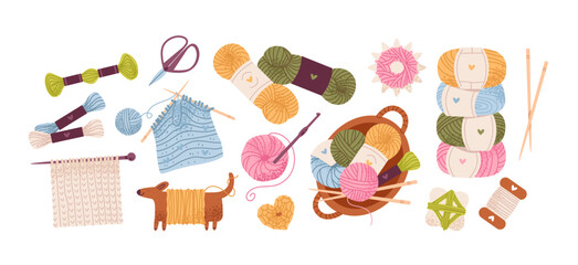 Cozy knitting essentials, yarn, needles, and handmade textures. Knitting and embroidery elements. Flat vector illustration.