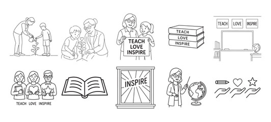 Teach Love Inspire Line Art Teacher and Student Education Motivation Concept Vector Illustration