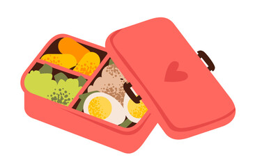 Cute flat vector illustration of a kids lunchbox with healthy food. School meal prep, eco-lifestyle, and zero waste inspiration. School lunch prep, bento box, vegetables, snacks.