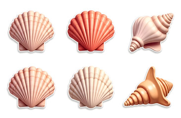 Collection of realistic seashell icons with soft pastel colors, smooth shading style, isolated on white background, perfect for beach themes
