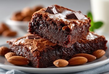 Delicious chocolate brownie dessert topped with chocolate chunks and served with almonds on a plate against a blurred background of nuts and milk