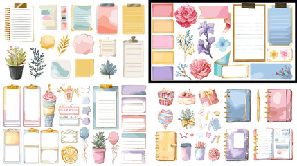 Creative stationery and pastel planner template illustration with floral elements, sticky notes, and watercolor decorations, perfect for journaling and digital planning.

