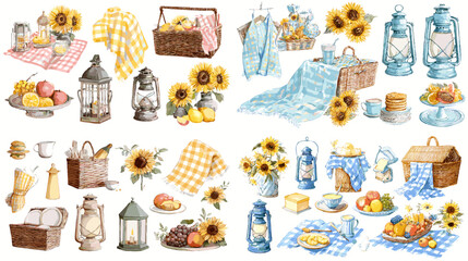 Charming picnic illustration set with sunflowers, gingham cloths, fruits, and vintage lanterns, perfect for summer, rustic, or cozy outdoor design elements.

